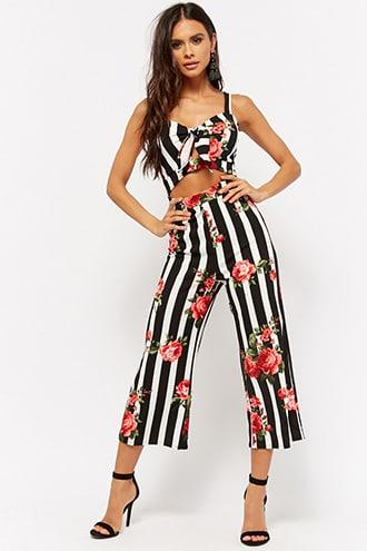 Forever21 Striped Floral Wide-leg Jumpsuit