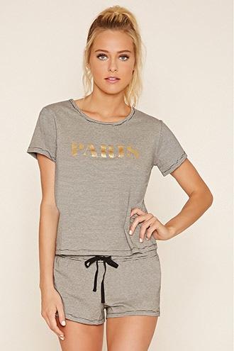 Forever21 Women's Black & Cream Paris Striped Pj Set