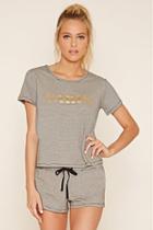 Forever21 Women's  Black & Cream Paris Striped Pj Set