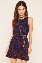Forever21 Women's  Black & Blue Damask Belted Dress