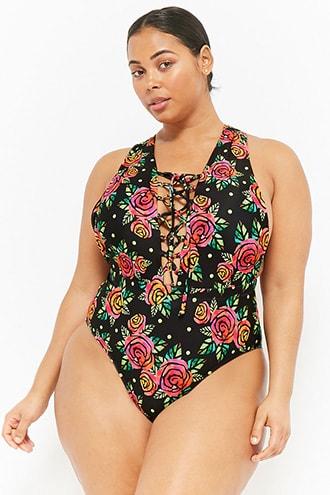 Forever21 Plus Size Kulani Kinis Lace-up Floral One-piece Swimsuit