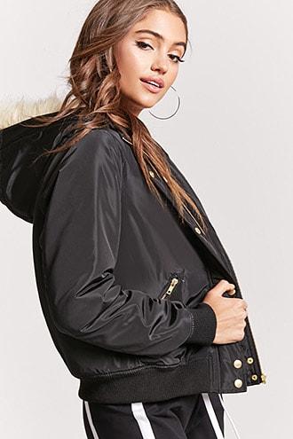 Forever21 Padded Faux Fur-lined Hooded Bomber Jacket