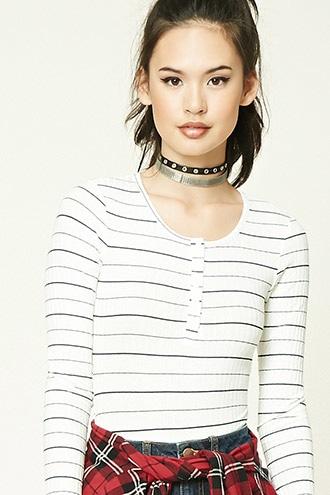 Forever21 Women's  Ivory & Black Striped Henley Bodysuit