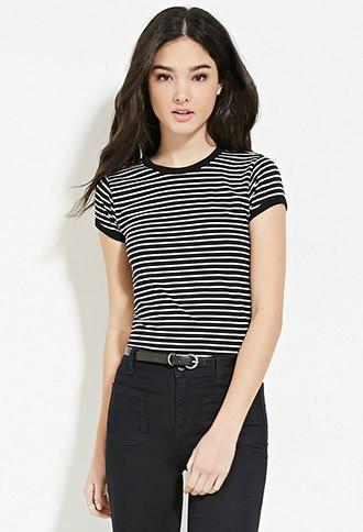 Forever21 Women's  Black & Cream Contrast Trim Striped Tee