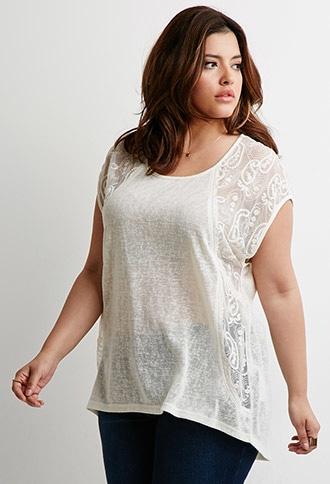 Forever21 Plus Size Embroidered-mesh Slub Knit Top