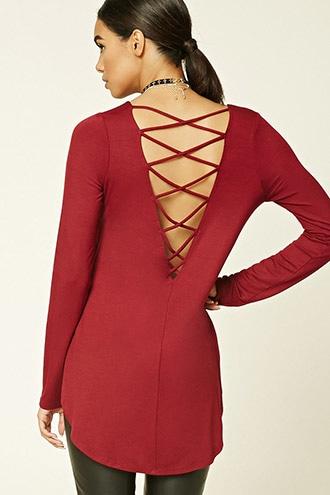Forever21 Women's  Burgundy Strappy-back Dolphin Hem Top