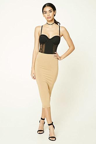 Forever21 Women's  Camel Midi Stretch-knit Skirt