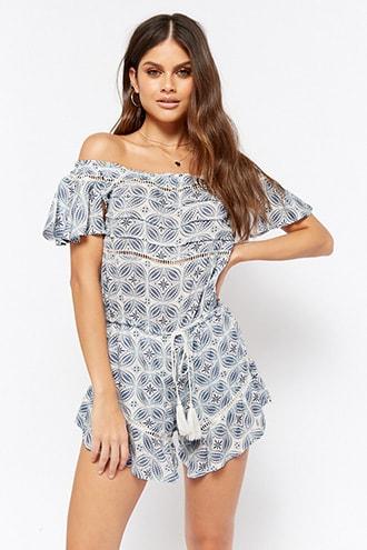 Forever21 Boho Me Medallion Off-the-shoulder Romper