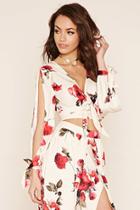 Forever21 Women's  White & Red Rise Of Dawn Floral Crop Top