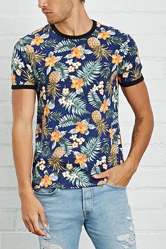 21 Men Men's  Tropical Print Ringer Tee