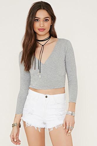 Forever21 Women's  Heather Grey Surplice Crop Top
