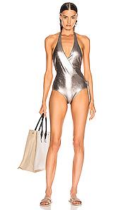 Adriana Degreas Cross Front Halterneck Swimsuit In Metallic