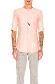 Thom Browne Collarless Short Sleeve Oxford In Orange