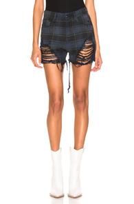 R13 Shredded Slouch Short In Blue,plaid