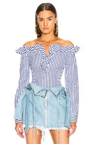Marques ' Almeida V Neck Ruffle Top In Blue,stripes,white