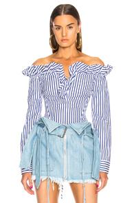 Marques ' Almeida V Neck Ruffle Top In Blue,stripes,white