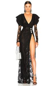 Alessandra Rich Puff Sleeve Lace Gown In Black