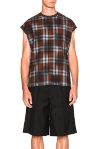 Lanvin Fluid Wool Raw Edge Sleeve Tee In Brown,checkered & Plaid