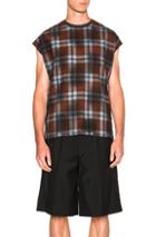 Lanvin Fluid Wool Raw Edge Sleeve Tee In Brown,checkered & Plaid