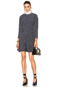 Marni Crepe Silk Squares Long Sleeve Dress In Blue,checkered & Plaid