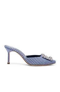 Manolo Blahnik Gingham Hangisi 70 Mules In Blue,checkered & Plaid