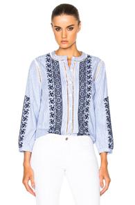 Veronica Beard Claire Button Down Embroidered Top In Blue,stripes,floral