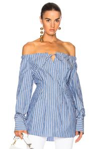 Tibi Striped Off Shoulder Top In Blue In Blue,pink,stripes