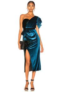 Self-portrait One Shoulder Velvet Midi Dress In Blue,green