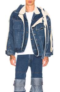 Y Project Double Layered Denim Jacket With Sherpa Lining In Blue