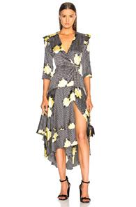 Ganni Calla Silk Dress In Black,checkered & Plaid,floral,yellow