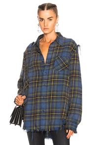 R13 Shredded Seam Shirt In Blue,checkered & Plaid