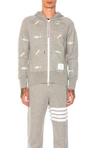 Thom Browne Shark & Surfboard Embroidery Zip Hoodie In Gray