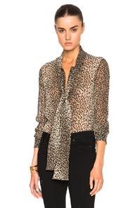 Saint Laurent Georgette Babycat Blouse In Animal Print,neutrals
