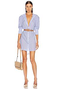 Frame Pleated Clean Collar Dress In Blue,stripes,white