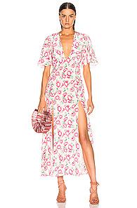 Les Reveries Deep Neck Petal Sleeve Dress In Floral,pink,white