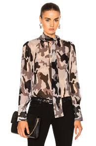 Nili Lotan Tie Neck Top In Abstract,black,camo,gray