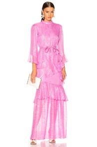 Saloni Marissa Long Dress In Pink,stripes,metallic