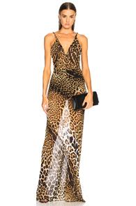 Saint Laurent Georgette Leopard Print Gown In Animal Print,brown,neutrals
