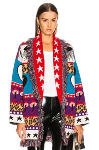 Alanui Psychedelic Mushrooms Oversized Lurex Jacquard Cardigan In Animal Print,stars,red,blue