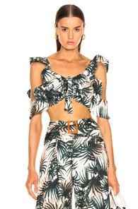 Patbo For Fwrd Palm Print Ruffle Crop Top In Green,tropical,white