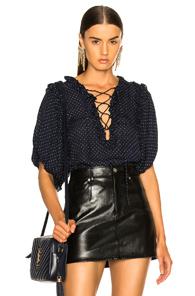 Icons Ruffle Lace Up Blouse In Abstract,blue