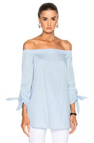 Tibi Poplin Off The Shoulder Tunic In Blue