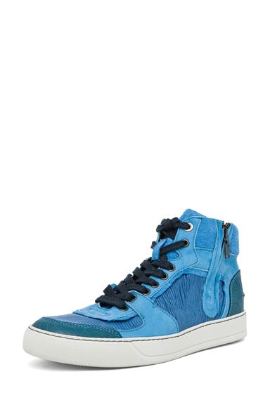 Lanvin Pleated Lambskin And Goatskin High Top Sneaker In Blue