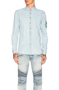 Balmain Embroidered Denim Shirt In Blue