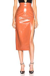 Zeynep Arcay Midi Leather Pencil Slit Skirt In Brown,orange