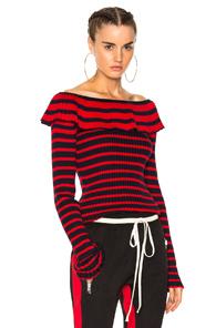 Msgm Off The Shoulder Ruffle Sweater In Blue,red,stripes