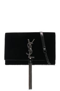 Saint Laurent Crystal Logo Velvet Kate Tassel Chain Wallet In Black
