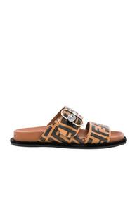 Fendi Logo Print Leather Buckle Slides In Brown
