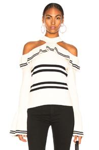 Self-portrait Striped Frill Knit Sweater In Black,stripes,white