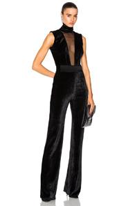 Galvan Velvet Plunge Jumpsuit With High Neck In Black